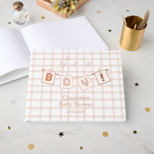 It's a Boy! Cute Brown Gingham Baby Shower Gästebuch (Vorderseite Offen)