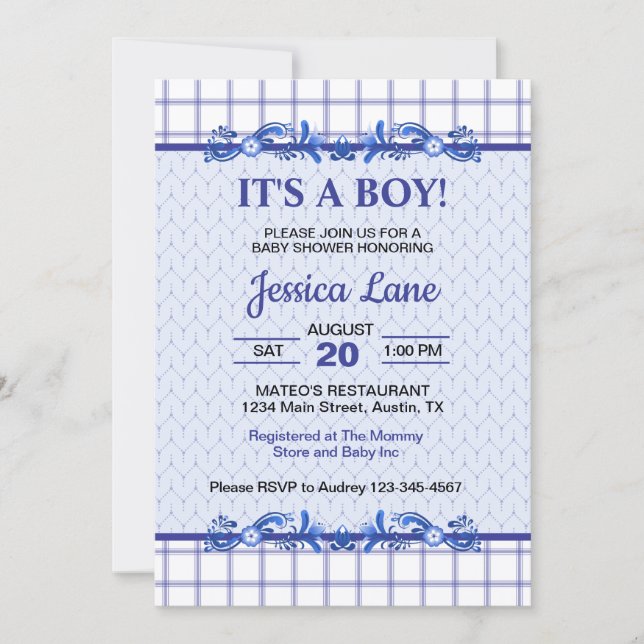It's A Boy Elegant Blue Baby Shower Einladung (Vorderseite)