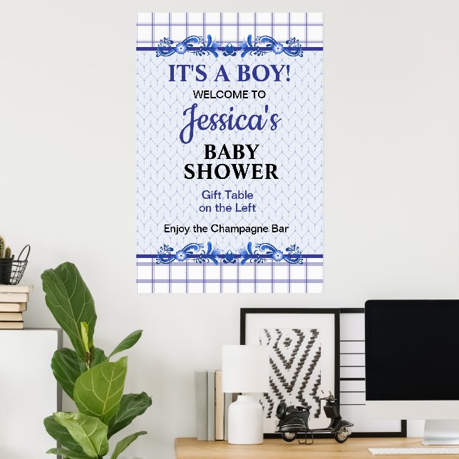 It's A Boy Elegant Blue Baby Shower Poster (Heimbüro)