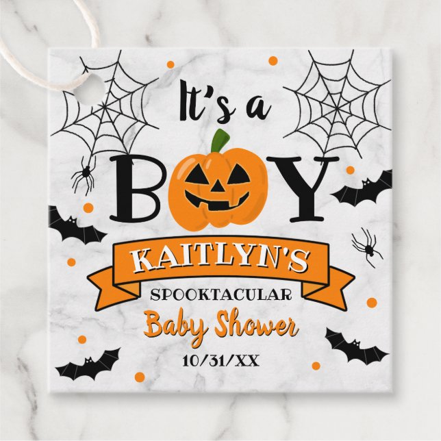 "It's a Boy" Kürbiskreifer Halloween-Kinderdusche Geschenkanhänger (Vorderseite)