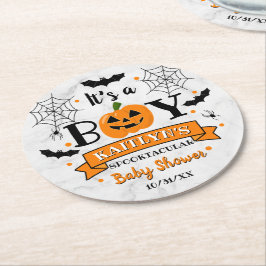 "It's a Boy" Kürbiskreifer Halloween-Kinderdusche Runder Pappuntersetzer