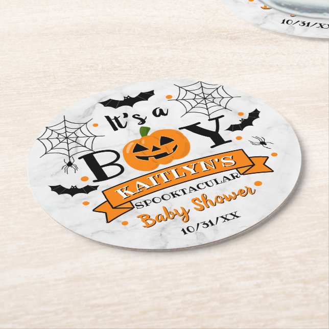 "It's a Boy" Kürbiskreifer Halloween-Kinderdusche Runder Pappuntersetzer (Angewinkelt)
