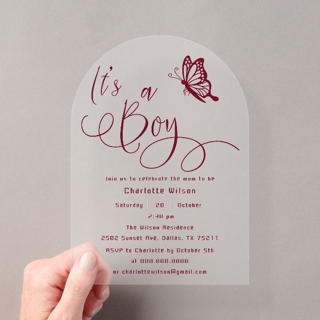 It's A Boy Modern Minimal Butterfly Baby Shower Acryleinladungen (Insitu (Handheld))