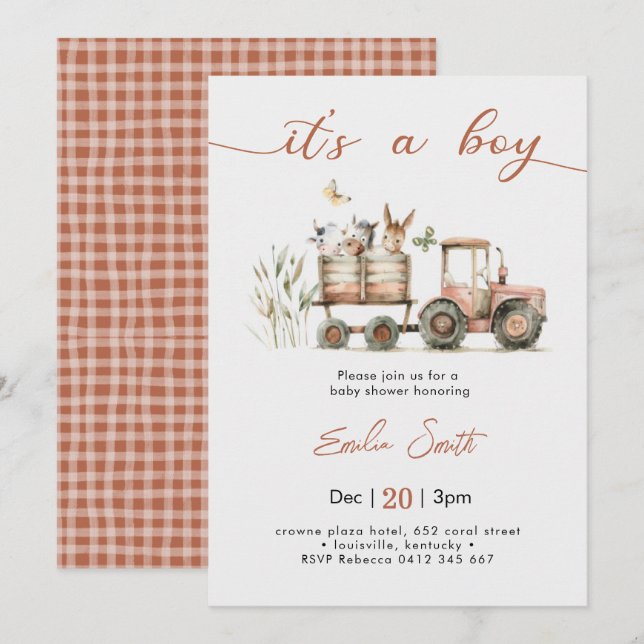  It's a Boy Tractor Baby Shower Einladung (Vorne/Hinten)