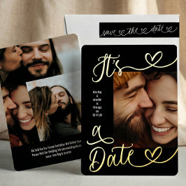It's A Date Black White Photo Collage Gold Hearts Folieneinladung