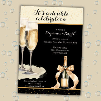 It's a Double Celebration Black Champagne Birthday Einladung