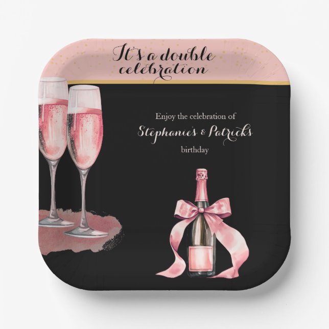 It's a Double Celebration Black Champagne Birthday Pappteller (Vorderseite)