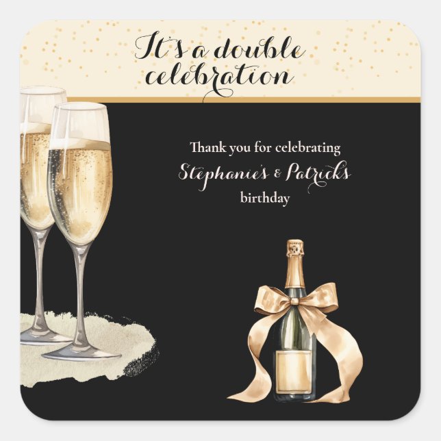 It's a Double Celebration Black Champagne Birthday Quadratischer Aufkleber (Vorderseite)