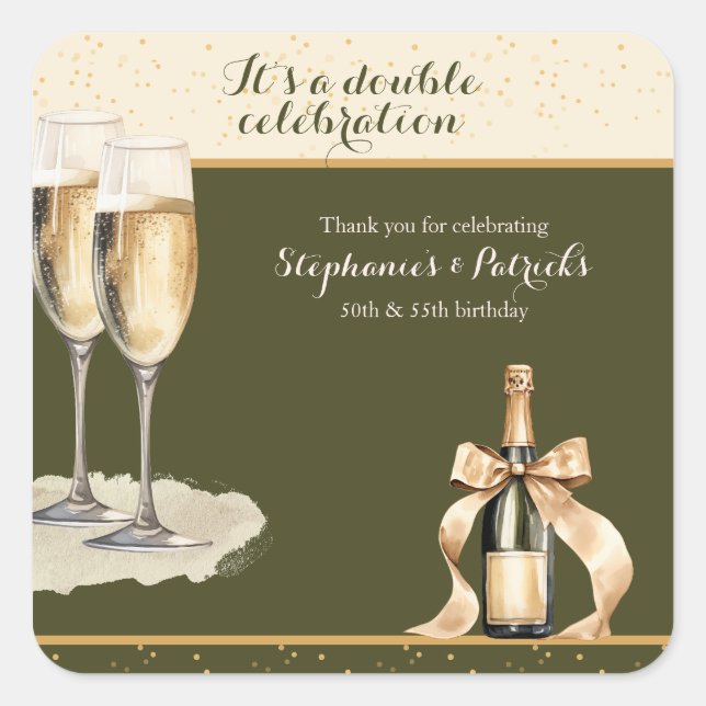 It's a Double Celebration Green Champagne Birthday Quadratischer Aufkleber (Vorderseite)