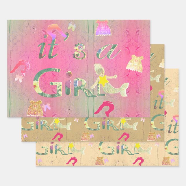 "It's a Girl" Baby Clothes Illustration Geschenkpapier Set (Set)