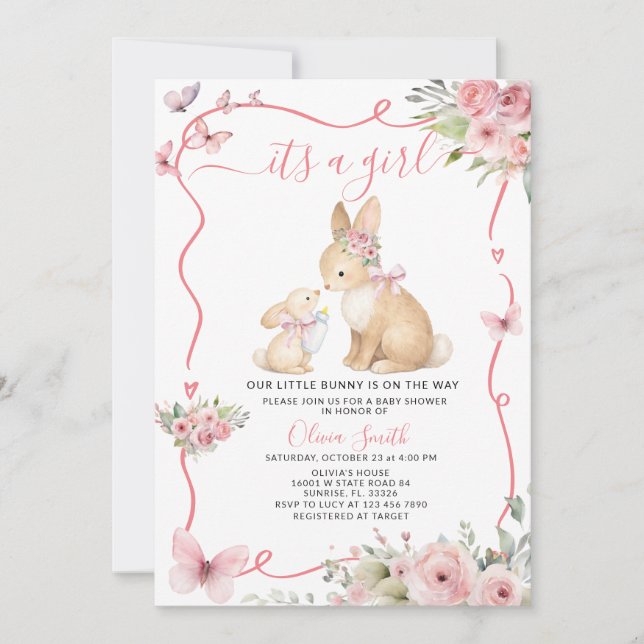It's a Girl Bunny Baby Shower Pink Floral Einladung (Vorderseite)