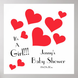 It's A Girl! - Cute Red Hearts Custom Baby Shower Poster