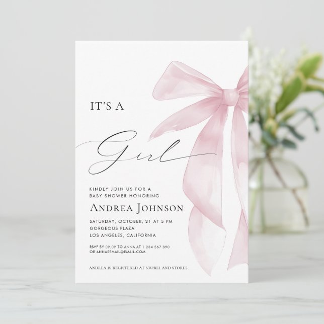It's a Girl | Elegant Classy Pink Bow Baby Shower Einladung (Stehend Vorderseite)