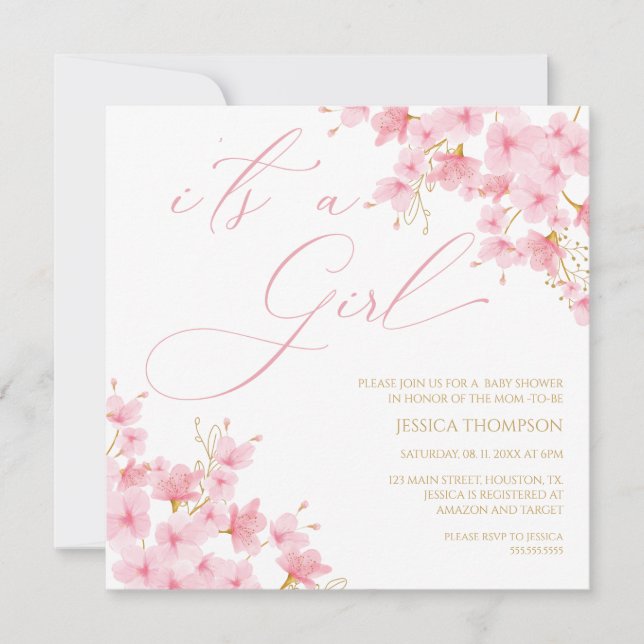 i'ts a Girl Floral Baby Shower Cherry Blossom Einladung (Vorderseite)