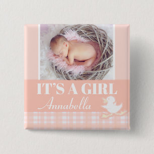 "It's a girl" neugeborenes Foto und nennen pfirsic Button