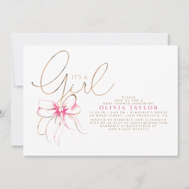 It's a Girl Pink and Gold Elegant Baby Shower Einladung (Vorderseite)
