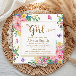 It's a Girl Pink Blue Yellow Floral Baby Shower Einladung