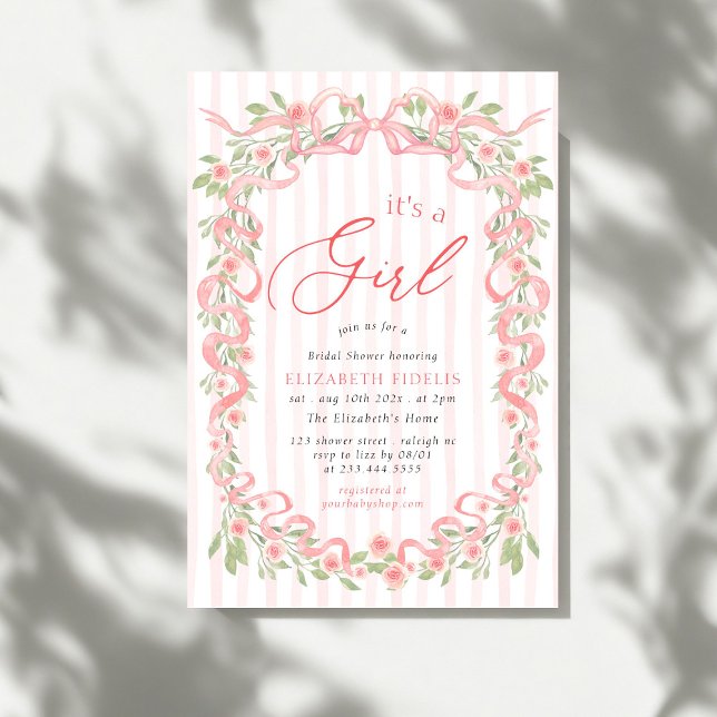 Its A Girl Pink Bow Floral Roses Baby Shower Einladung (Von Creator hochgeladen)