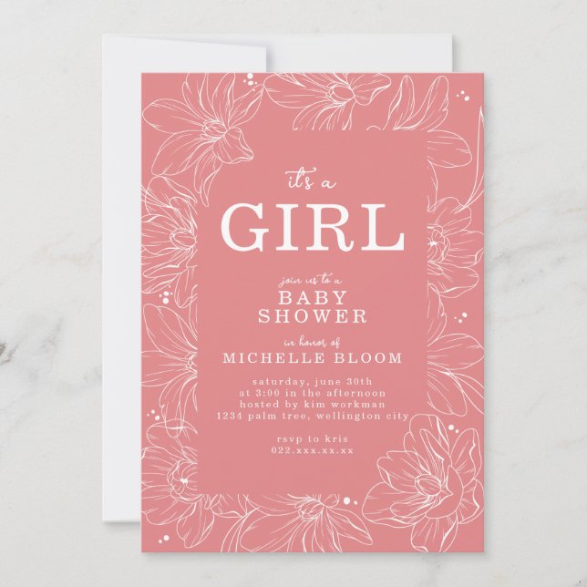"It's a GIRL" Pink Floral Baby Dusche Einladung (Vorderseite)