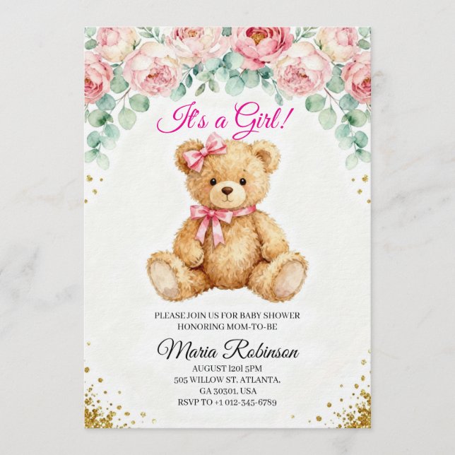 It's a Girl" Teddy Bear Invitation  Einladung (Vorderseite)