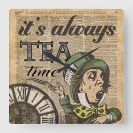 "It's always tea time" Mad Hatter Dictionary Art Große Wanduhr
