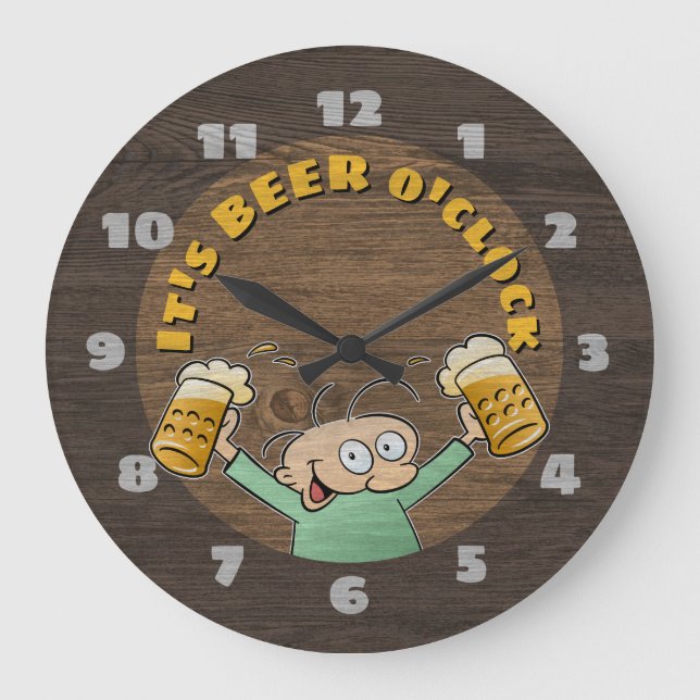 It's Beer O'Clock Dark Wood Texture Cartoon Pints Große Wanduhr (Vorderseite)