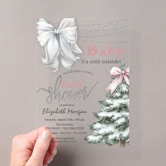It's Cold Outside Pine Tree White Bow  Baby Shower Acryleinladungen (Insitu (Handheld))