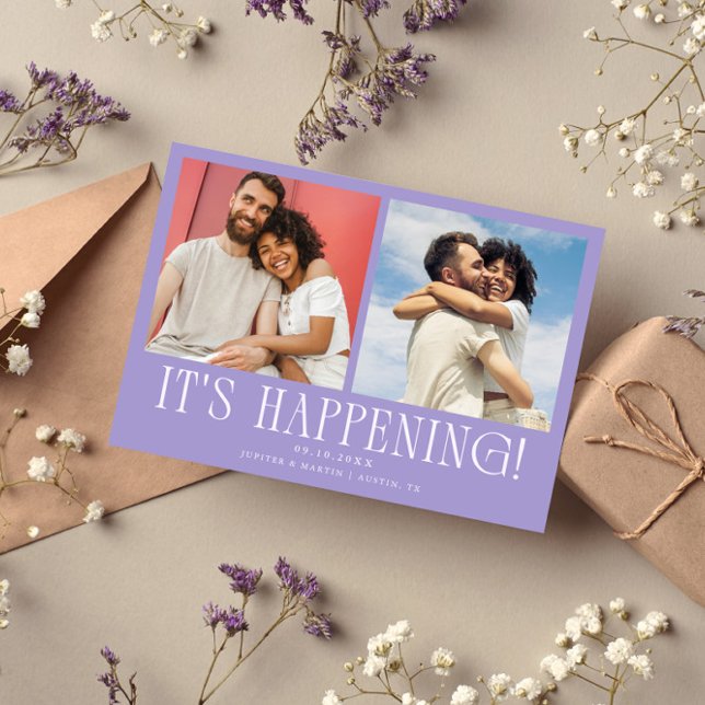 It's Happening 2-Photo Lilac Wedding Save The Date (Von Creator hochgeladen)
