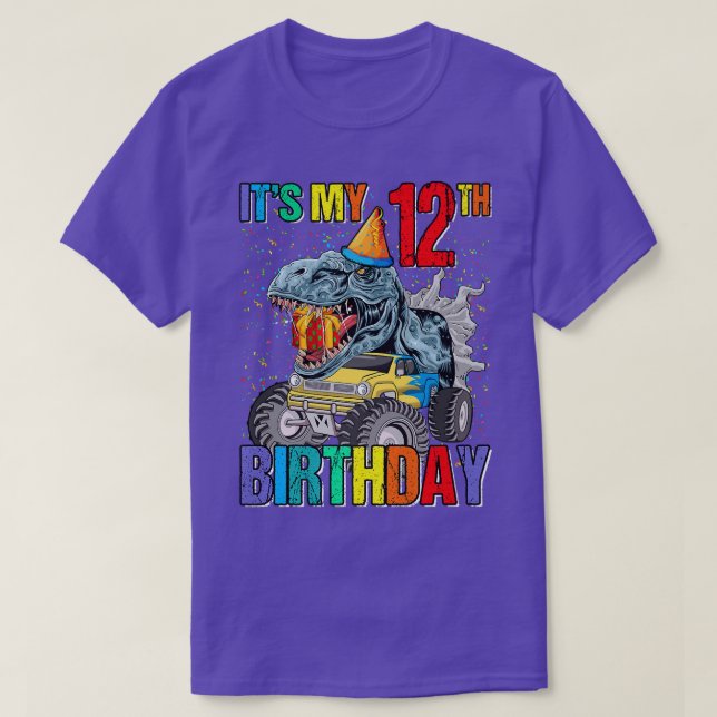 It's My 12th Birthday Monster Truck Dinosaur Boys  T-Shirt (Design vorne)
