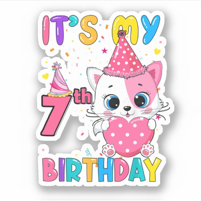 It'S My 7Th Birthday Girl Funny Cat Aufkleber (Vorderseite)