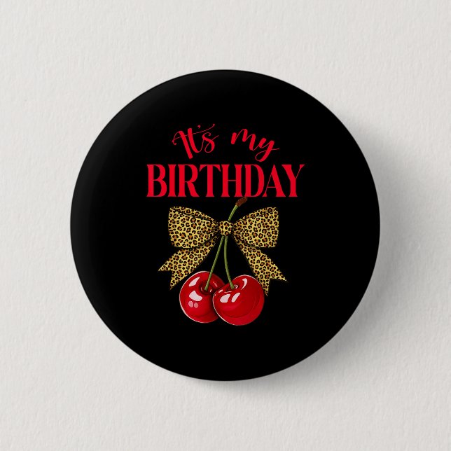 It's My Birthday Cute Cherry Leopard Coquette Bow  Button (Vorderseite)