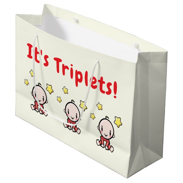It's Triplets!, Triplet Babies Gift Wrap, Neutral Große Geschenktüte (Vorderseite Schrägansicht)