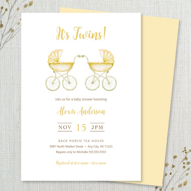 It's Twins with yellow Carriages Baby Shower Einladung (Von Creator hochgeladen)