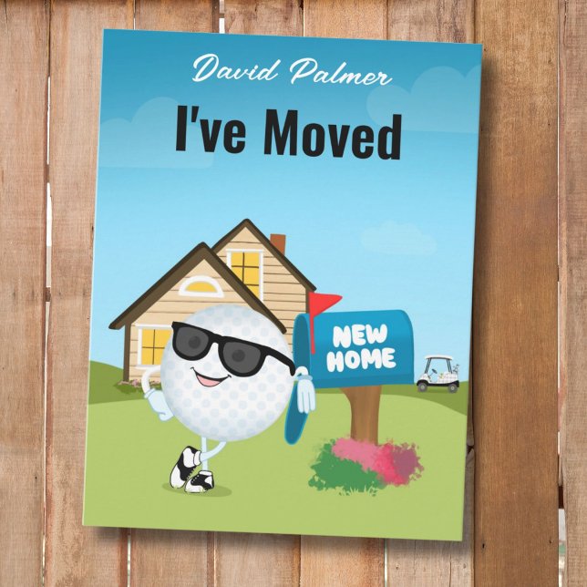 I've Moved Cool Golf Ball Wearing Sunglass Ankündigungspostkarte (Von Creator hochgeladen)