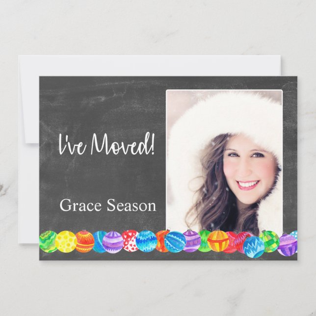 I've Moved Watercolor Baubles Foto Card Einladung (Vorderseite)