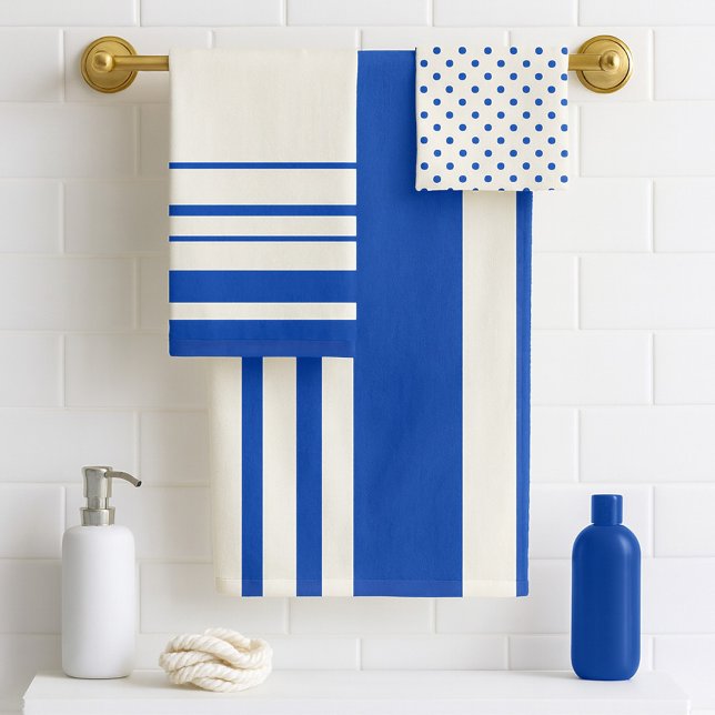 Ivoire Bandes Bleu Marine Points (A classic bathroom towel set in ivory and marine blue with stripes and polka dots)