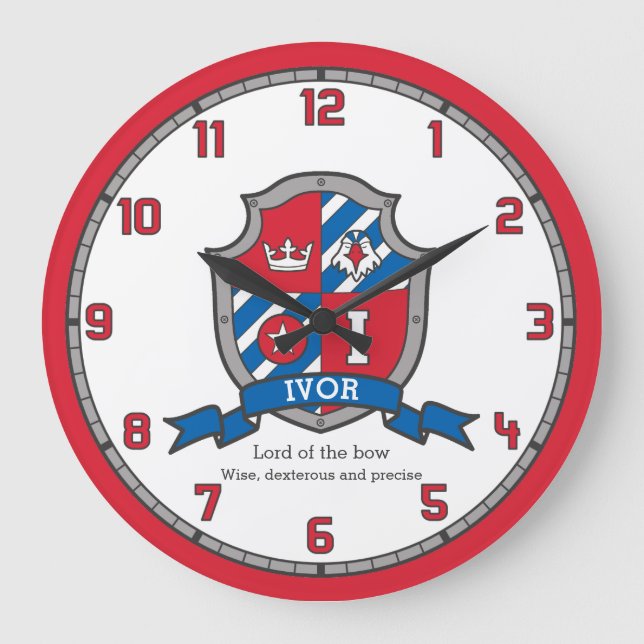 Ivor Jungs Name bedeutet Ritter Vogel Wappen Große Wanduhr (Vorderseite)