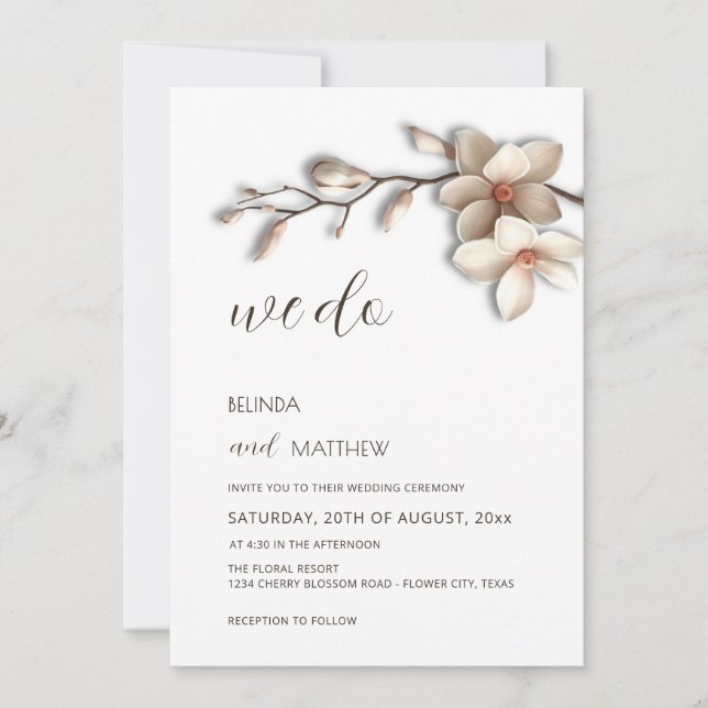 Ivory 3D Magnolia Flower Casual Wedding Einladung (Vorderseite)