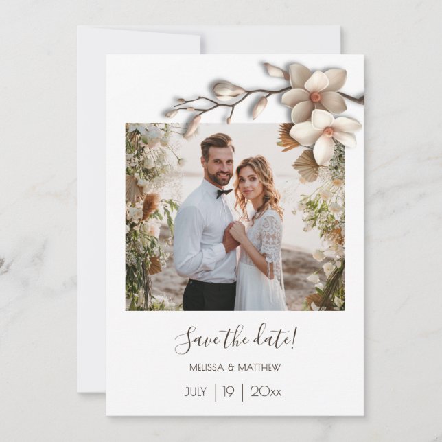 Ivory 3D Magnolia Flower Save The Date (Vorderseite)