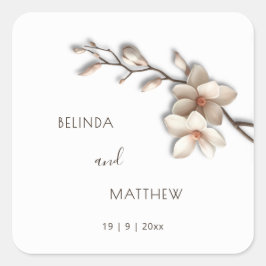 Ivory 3D Magnolie Blumen | Hochzeit Quadratischer Aufkleber