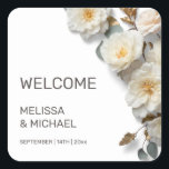 Ivory 3D Roses Wedding Welcome Quadratischer Aufkleber<br><div class="desc">Ivory white 3D roses welcome sticker.</div>