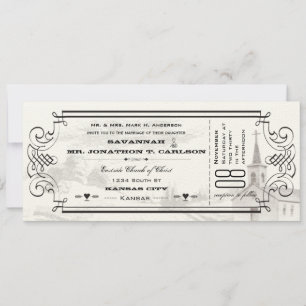 Ivory and Black Chapel Ticket Wedding Invitations
