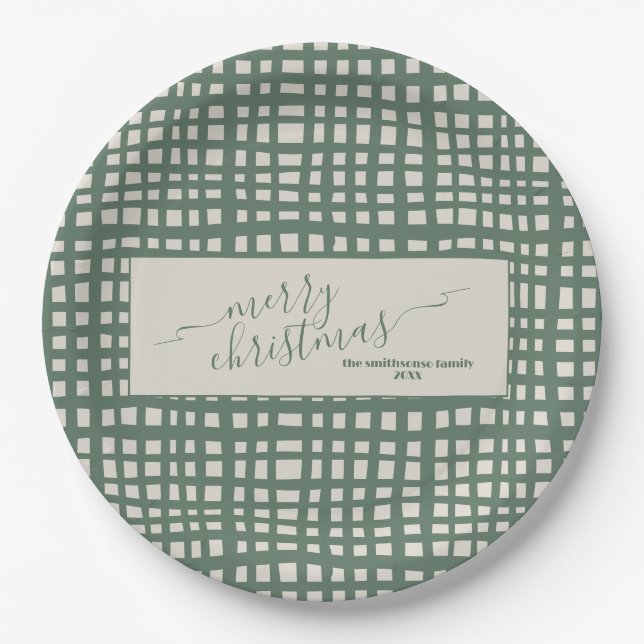Ivory and sage green checkered Christmas Pappteller (Vorderseite)