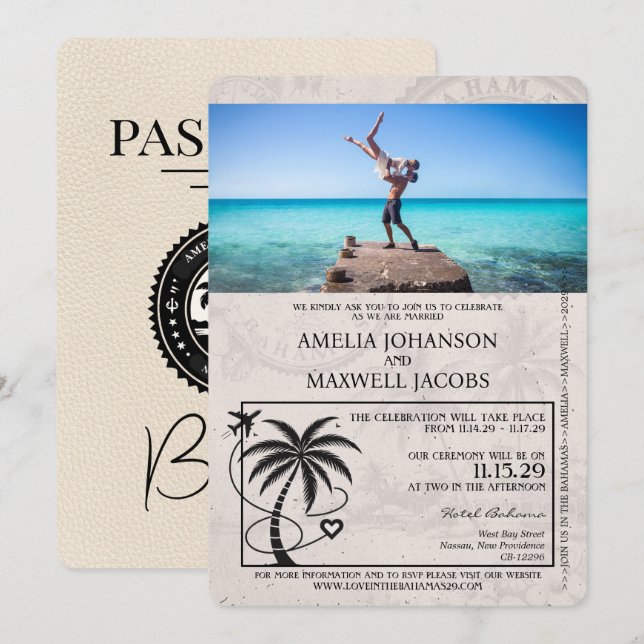 Ivory Bahamas Passport Hochzeit Einladung (Vorne/Hinten)