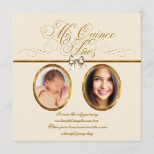 Ivory Beige Gold Foto Quinceanera Einladung