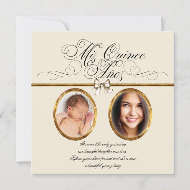 Ivory Beige Gold Foto Quinceanera Einladungen (Vorderseite)
