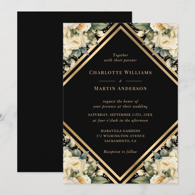 Ivory Black Gold Geometric Floral Wedding Einladung (Vorne/Hinten)