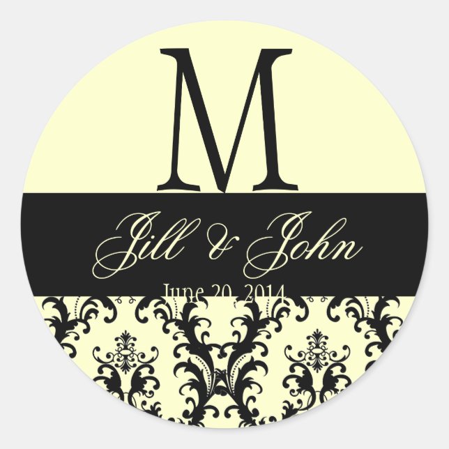 Ivory Black Wedding Monogram Rett Date Damask Sieg Runder Aufkleber (Vorderseite)