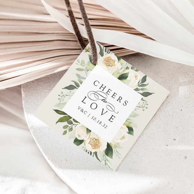 Ivory Bloom Floral Frame "Cheers to Love" Wedding Geschenkanhänger (Von Creator hochgeladen)