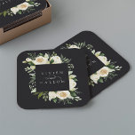 Ivory Bloom | Personalisierte Blumenzarge Rechteckiger Pappuntersetzer<br><div class="desc">Unsere Hochzeitskollektion Ivory Bloom Aquarell mit zartem Aquarell,  Eukalyptusblättern,  grünem botanischem Blattwerk und Blume mit weißer und elfenbeiniger Tortur. Personalisieren Sie diese benutzerdefinierten Untersetzer mit Ihren Namen,  verbunden mit einem dekorativen Skriptakzent.</div>